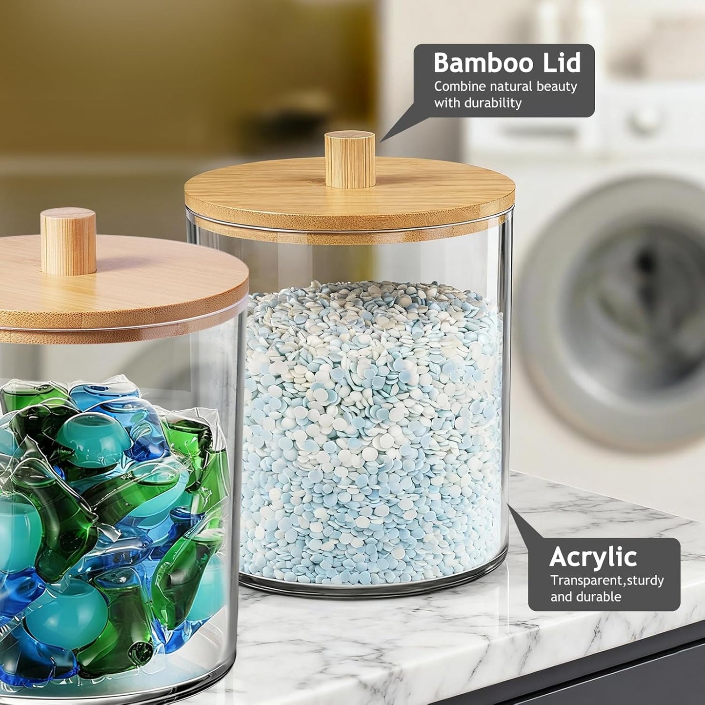 SheeChung 2 Pack 50 Oz Large Apothecary Jar with Bamboo Lid, Laundry Pods Container, Storage Jars for Bathroom Organization, Plastic Canisters with Cute Stickers Spoons(Natural)