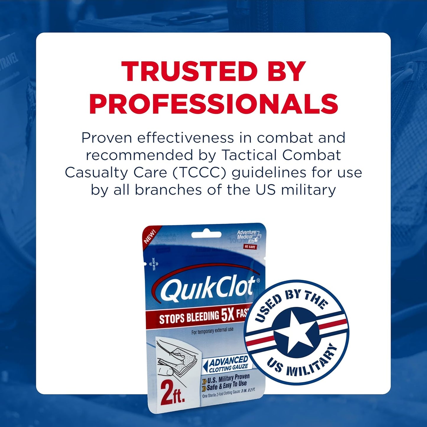 Adventure Medical Kits QuikClot Gauze - Flexible Hemostatic Medical Gauze for Emergency Survival or Disaster Preparedness Kits & More - Stops Bleeding Fast with Kaolin - 3" x 24"