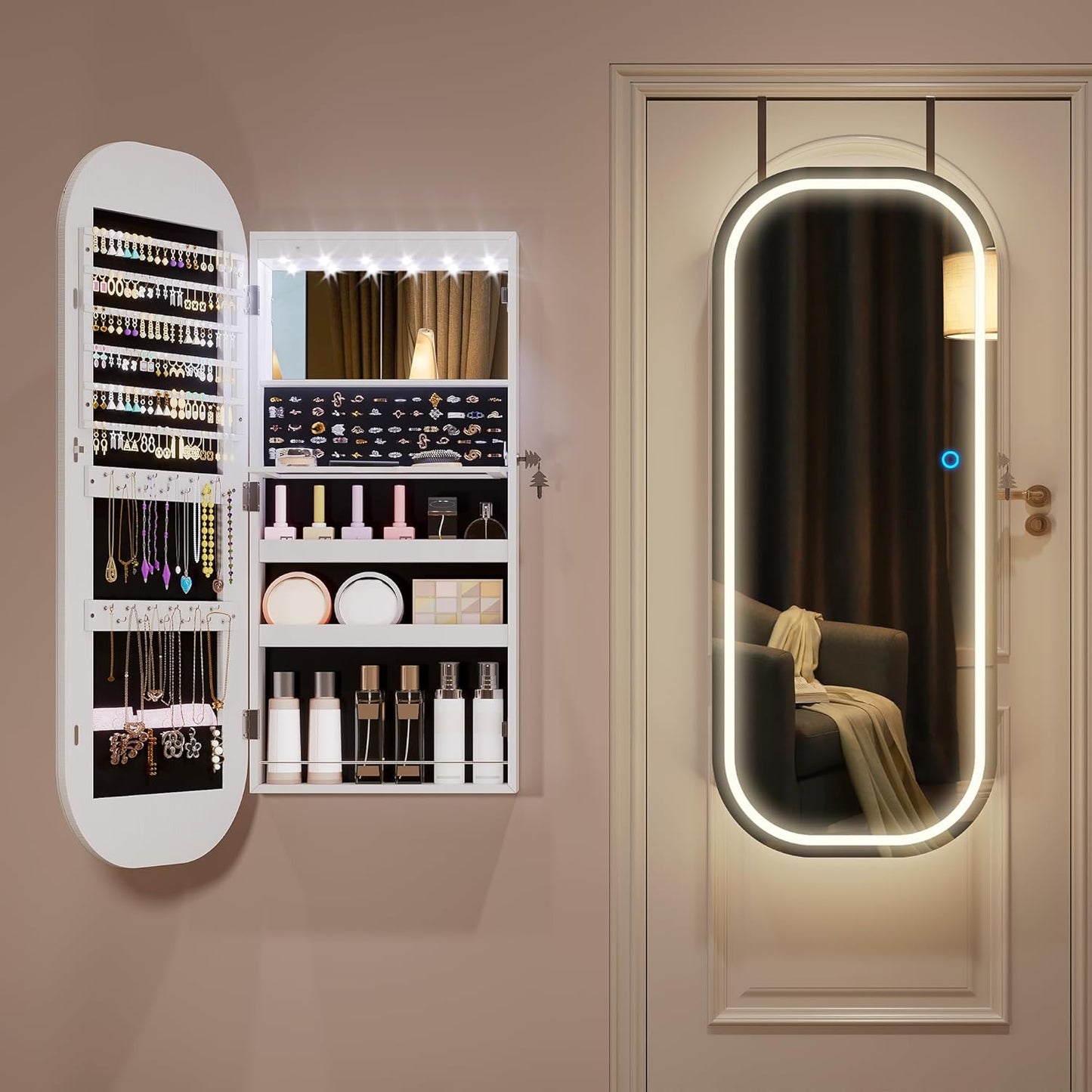 LVSOMT LED Mirror Jewelry Cabinet, Wall/Door Mount Jewelry Mirror Organizer, Rounded Full Length Mirror with Storage, Lockable Jewelry Armoire, 16" Wide, Foldable Shelf, Interior Mirror, White