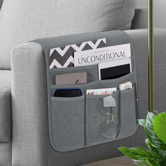 Teniux Remote Control Holder Armchair Caddy for Recliner Couch, Non-Slip Armrest Organizer with 5 Pockets for Magazine, Tablet, Phone, iPad (Silver Grey)