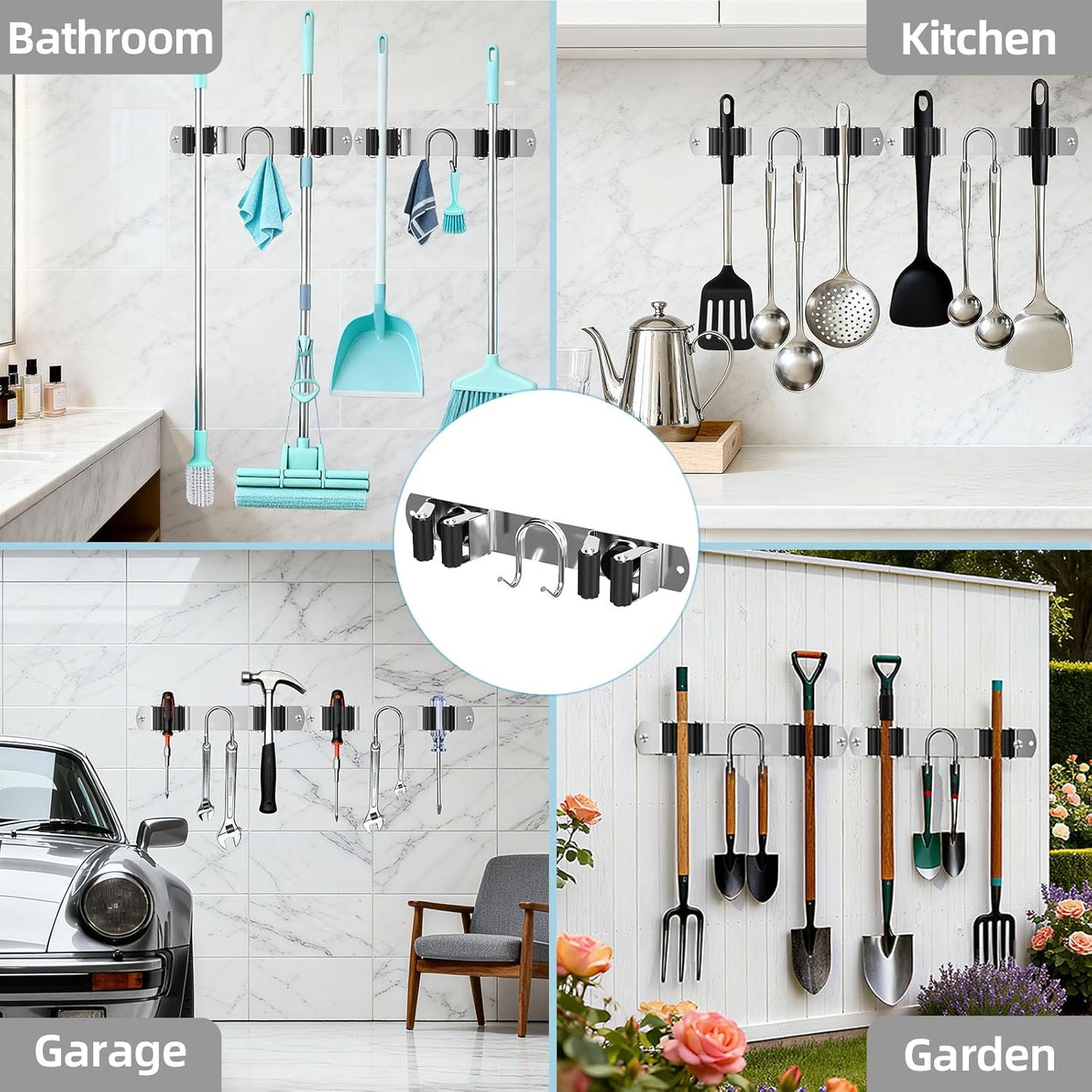 Broom Holder Wall Mount, 2-Pack Stainless Steel Mop and Broom Organizer, Broom Hanger with 2 Slots 2 Hooks for Home Kitchen, Garage, Garden and Laundry Room, Silver