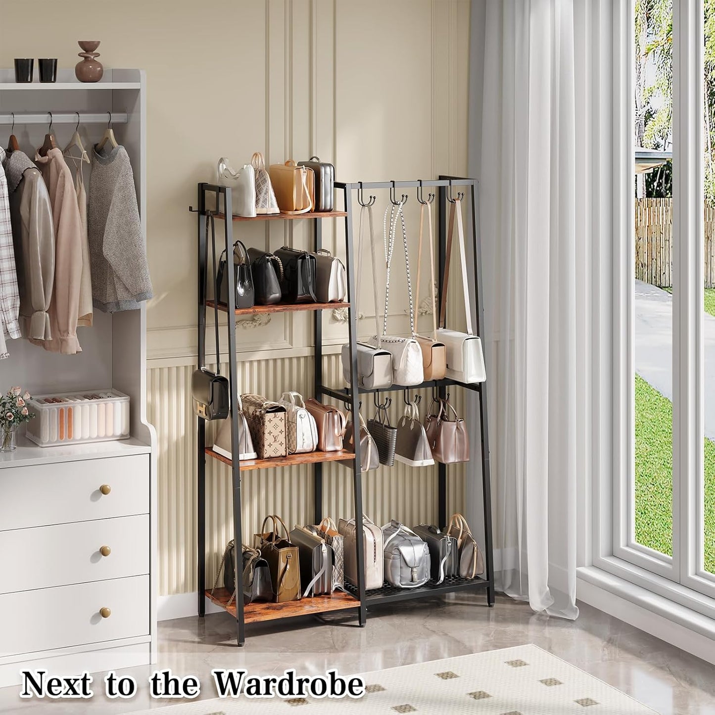 Purse Storage Organizer for Closet, 4-Tier Iron Wood Purse Rack, 8 Purse Hooks & 2 Side Hooks for Bag Organizer, Large Capacity Handbag Storage Rack for Home, Living Room