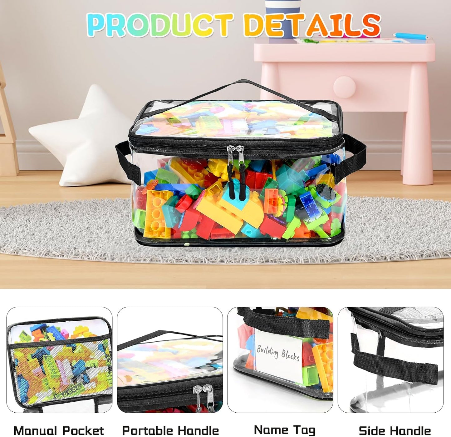 8 Packs Extra Large Toy Storage Bags with Labels, Reusable Clear PVC Board Game Storage, Travel Waterproof Toy Organizer Bags with Name Tag and Manual Pocket for Building Blocks, Puzzle, Kids Books