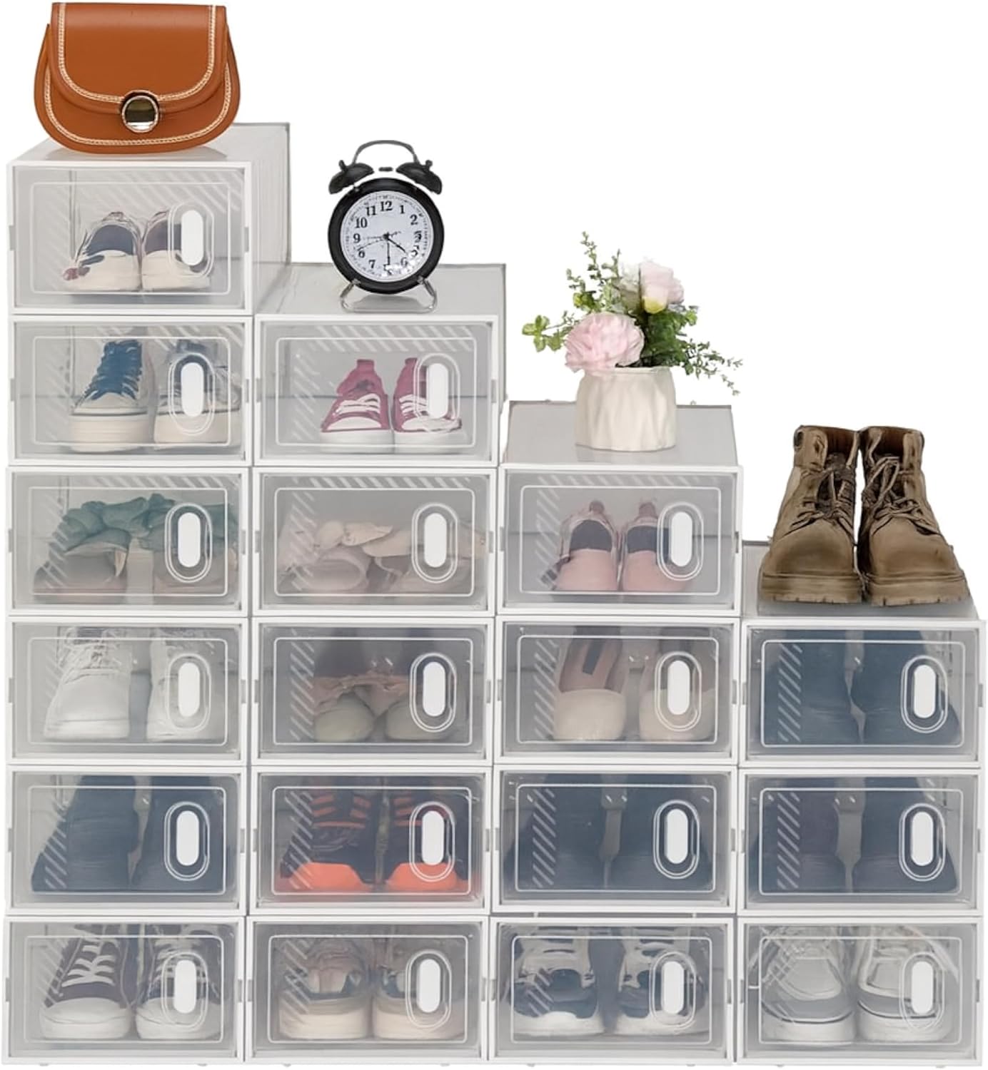 Shoe Storage Boxes 18 Pack Clear Plastic Stackable – White Shoe Organizer Box w/ Door for Closet, Entryway & Bedroom – Foldable Plastic Shoe Cabinet Storage for Men’s & Women’s Shoes (US Size 5–10)