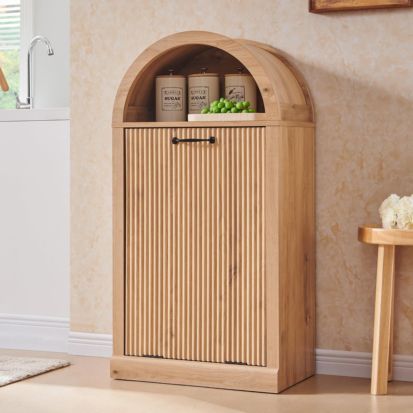 Arched Tilt-Out Trash Can Cabinet, Fluted 10 Gallon Trash Can with Open Shelf, Modern Laundry Hamper Cabinet, Hidden Garbage Can with Storage Basket for Kitchen, Living Room, Narural