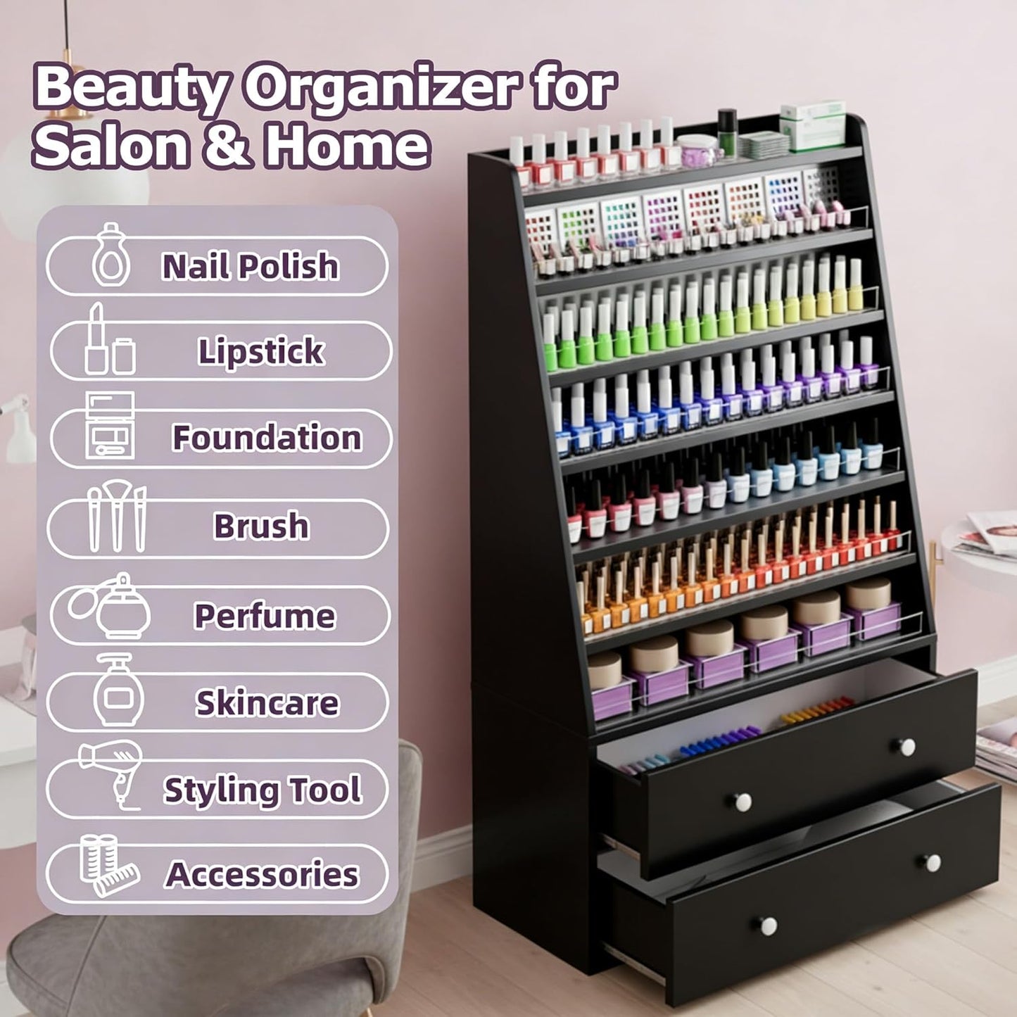 Nail Polish Rack with 2 Drawers, Salon Display & Storage Cabinet with Acrylic Baffle, Holds 700+ Bottles of Polishes, Essential Oils & Perfumes, Suitable for Nail Salon & Beauty Store, Black