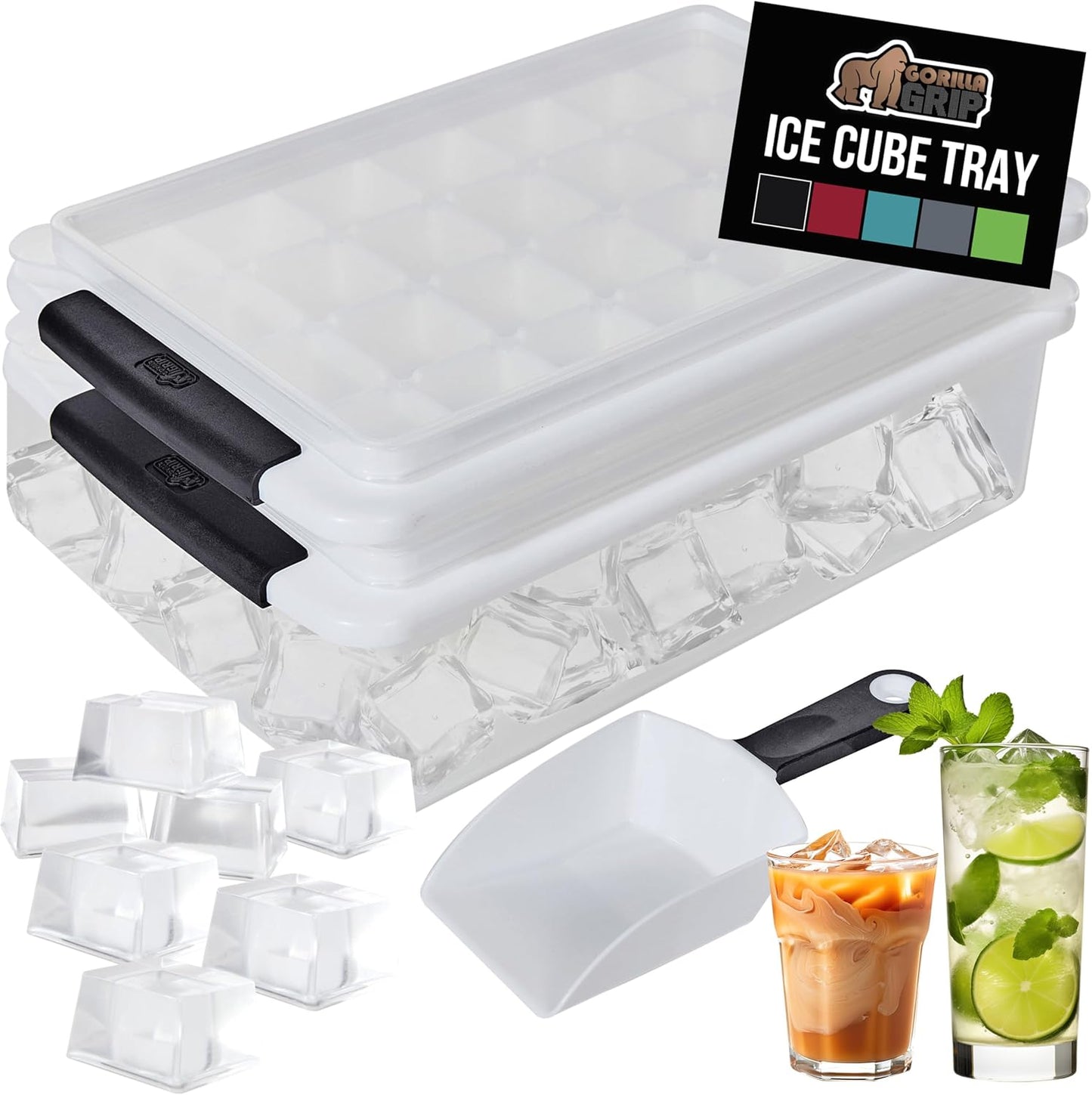 GORILLA GRIP BPA-Free Easy Release Ice Cube Tray for Freezer, Make Lots of Ice, 56 Cubes Total, Kit Includes 2 Stackable Leakproof Trays with Lid and Soft Handle Grips, Scooper, Bin, For Coffee, Black