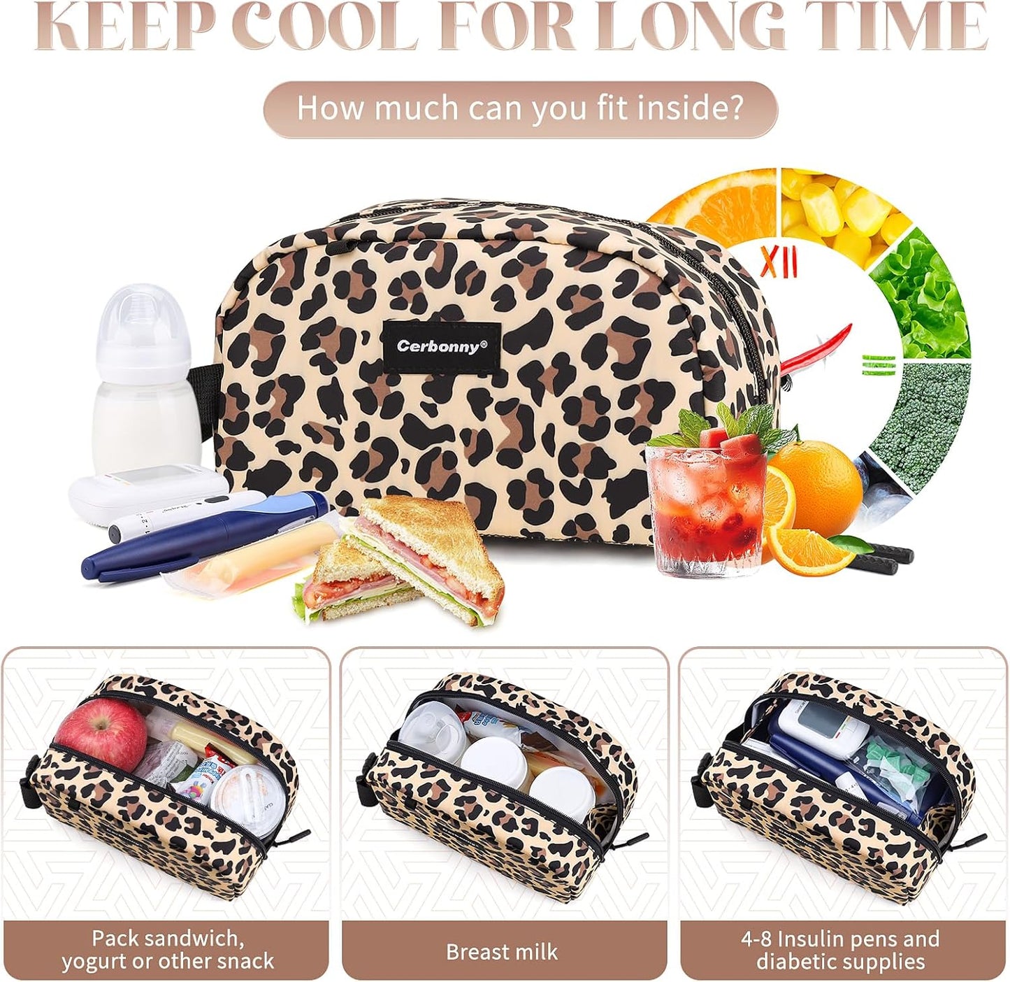 Cerbonny Small Cooler Bag Freezable Lunch Bag for Work School Travel, Leak-proof, Insulated, Waterproof, Brown Leopard, 3.5L, 9.8x5.5x4 inch