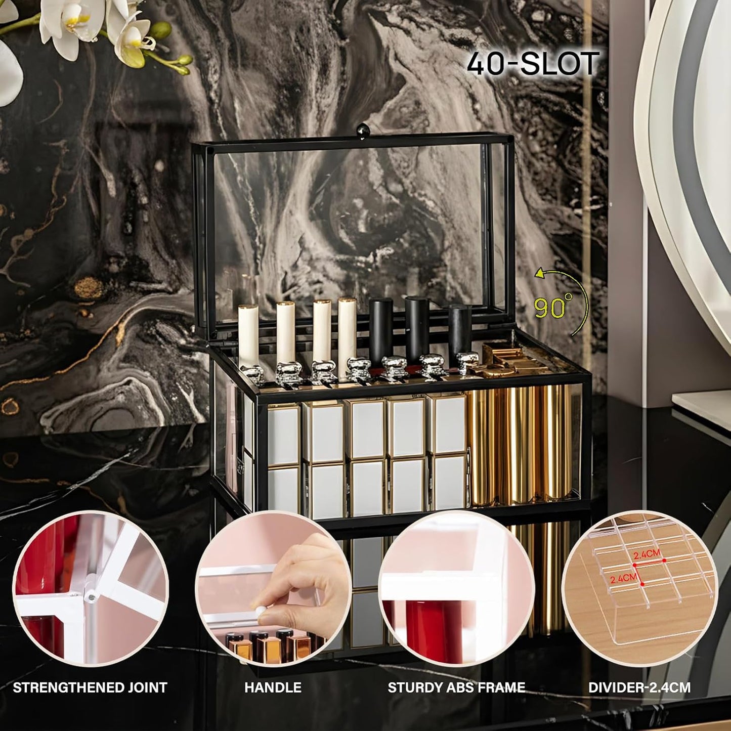 40 Lipsticks Organizer with Lid, Glass Display Box Fits Large Perfume & Skincare, Easy-Access Organiser for Vanity Countertop, Multifunctional Display Box in Any Rooms