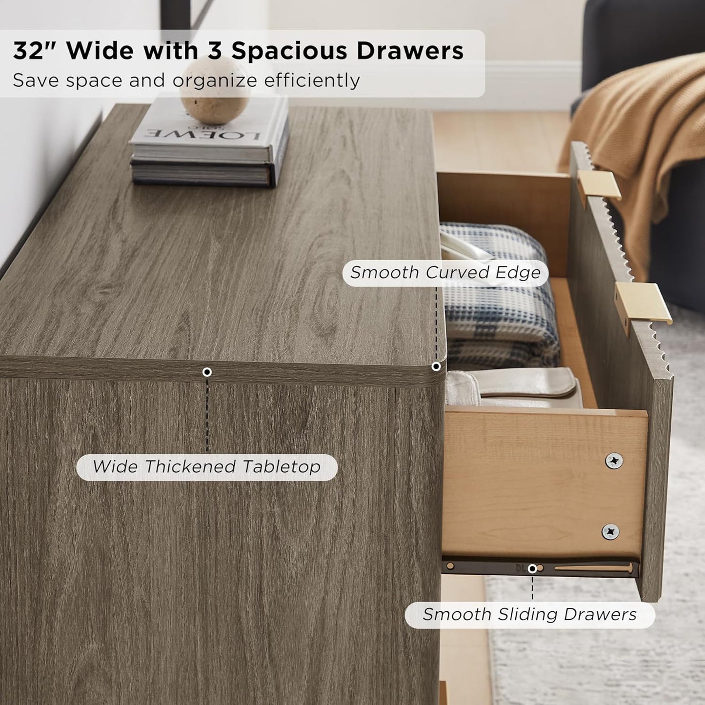 T4TREAM Fluted 3 Drawers Nightstand, Oversized Extra Large Modern Side Table, End Table Bedside for Bedroom, Living Room, Curved Profile Design, Grey Alder