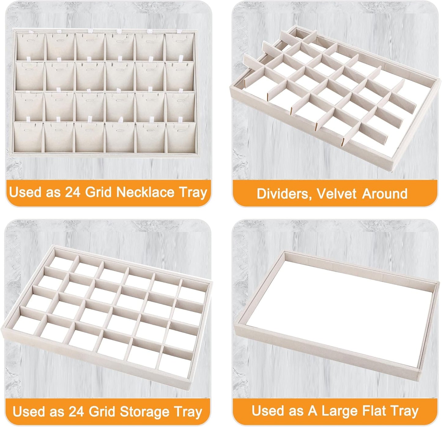Mornajina 24 Grids Stackable Jewelry Tray Organizer with Removable Dividers, Velvet Jewelry Display Tray for Earrings Necklaces Bracelet Rings Display Showcase - Beige