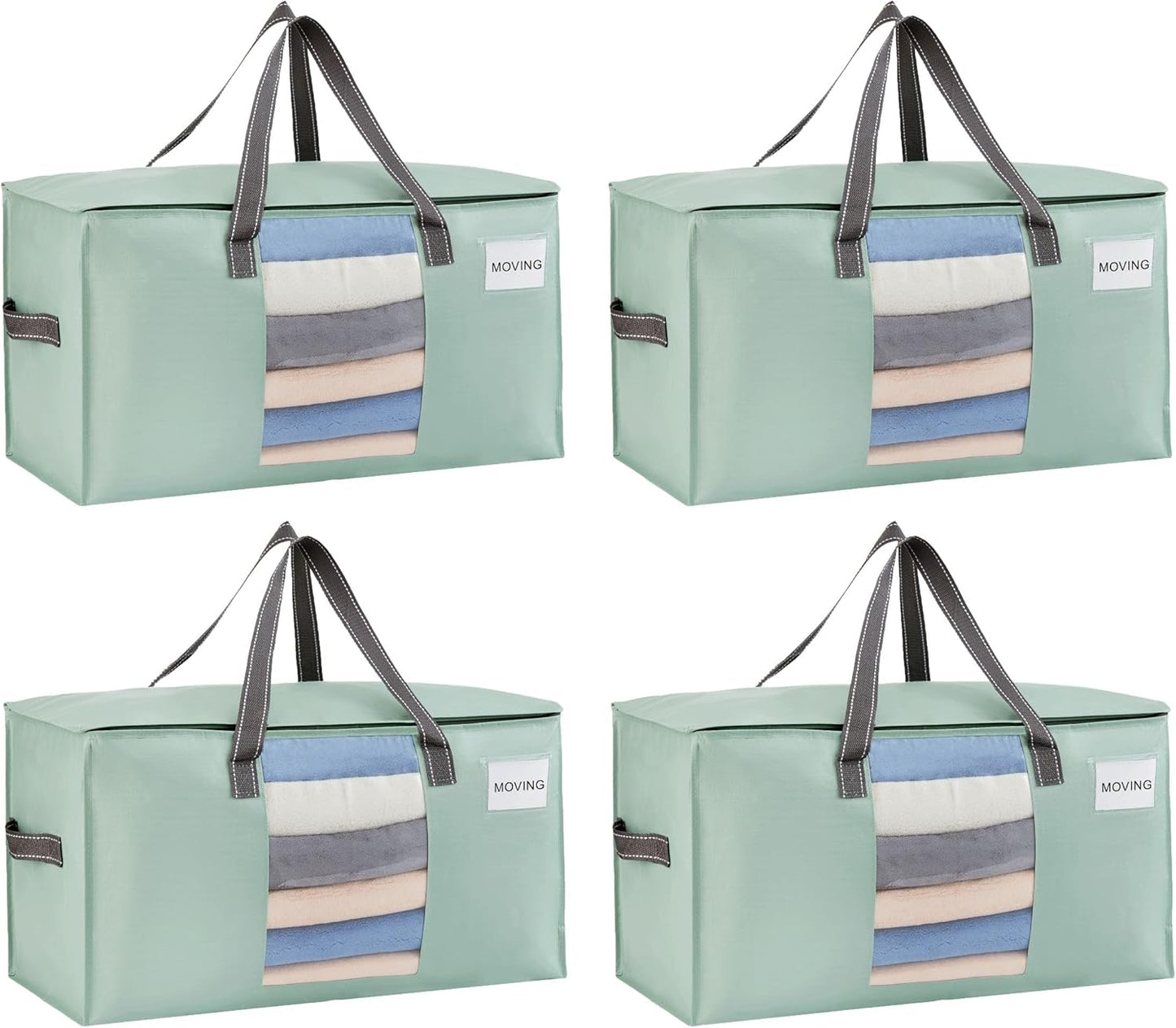 VENO 4 Pack Moving Bags, Comforter and Blanket Storage Bags for Closet, Moving Boxes, Boxes with Lids Alternative, College Dorm Packing Supplies, Foldable Heavy-Duty Tote (Light Green Matte, 4 Pack)