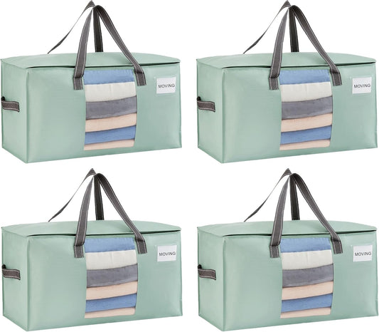 VENO 4 Pack Moving Bags, Comforter and Blanket Storage Bags for Closet, Moving Boxes, Boxes with Lids Alternative, College Dorm Packing Supplies, Foldable Heavy-Duty Tote (Light Green Matte, 4 Pack)