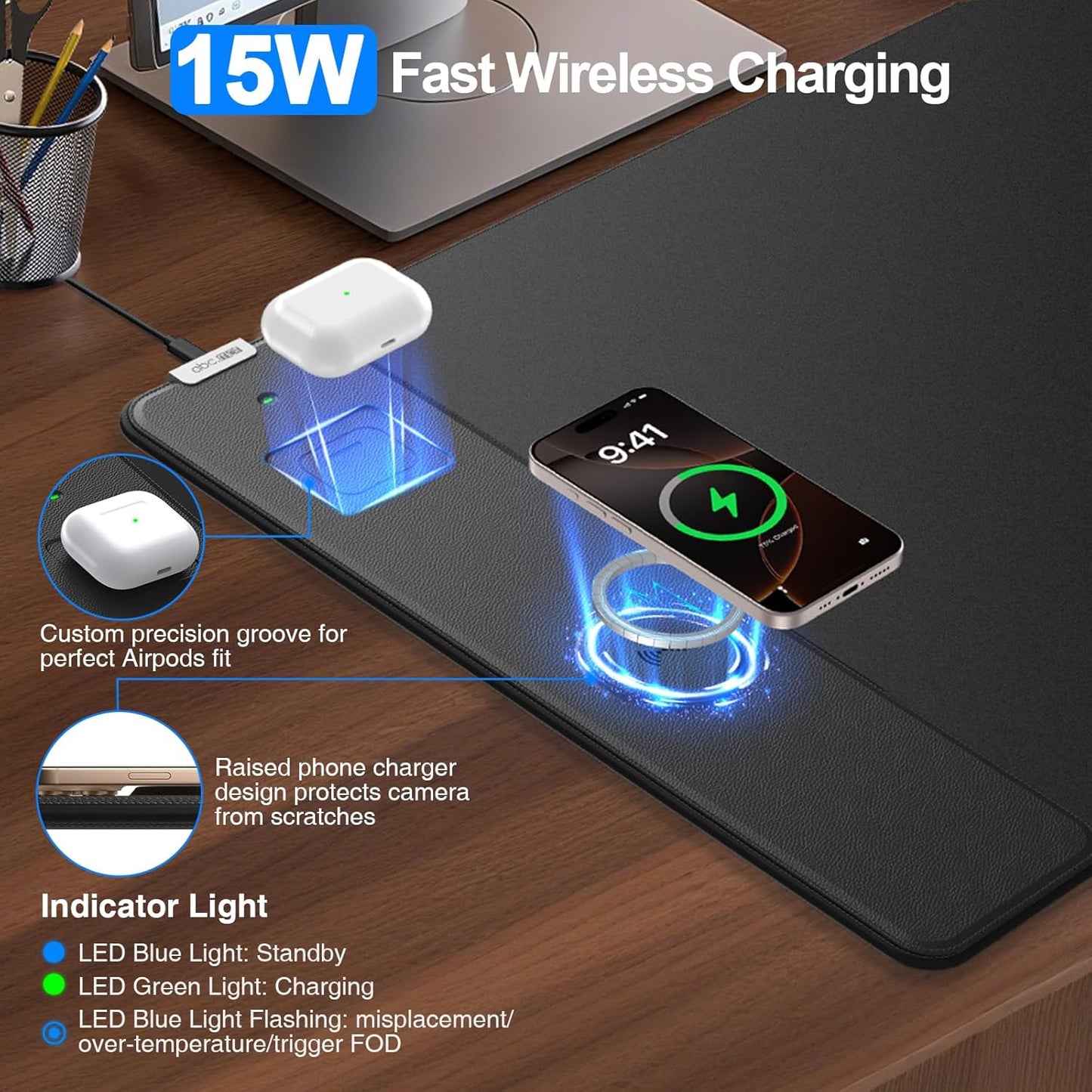 Mouse Pad with Magnetic Wireless Charger, 31.5"x15.8" Large Gaming Desk Mat, Non-Slip Base, Waterproof Ultra-Smooth Keyboard Pad for Gamer, Office & Home, Black