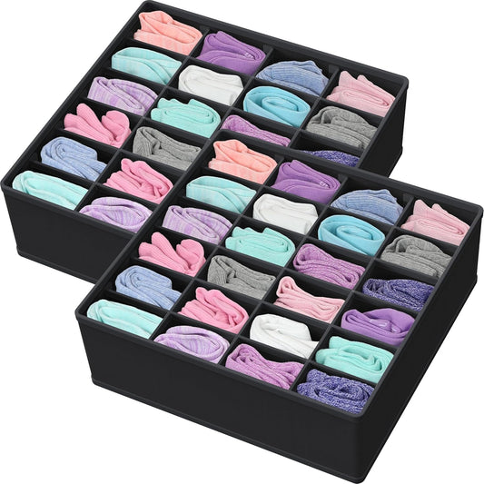 Simple Houseware 2 Pack Closet Sock Organizer, 24 Cell Drawer Divider, Black