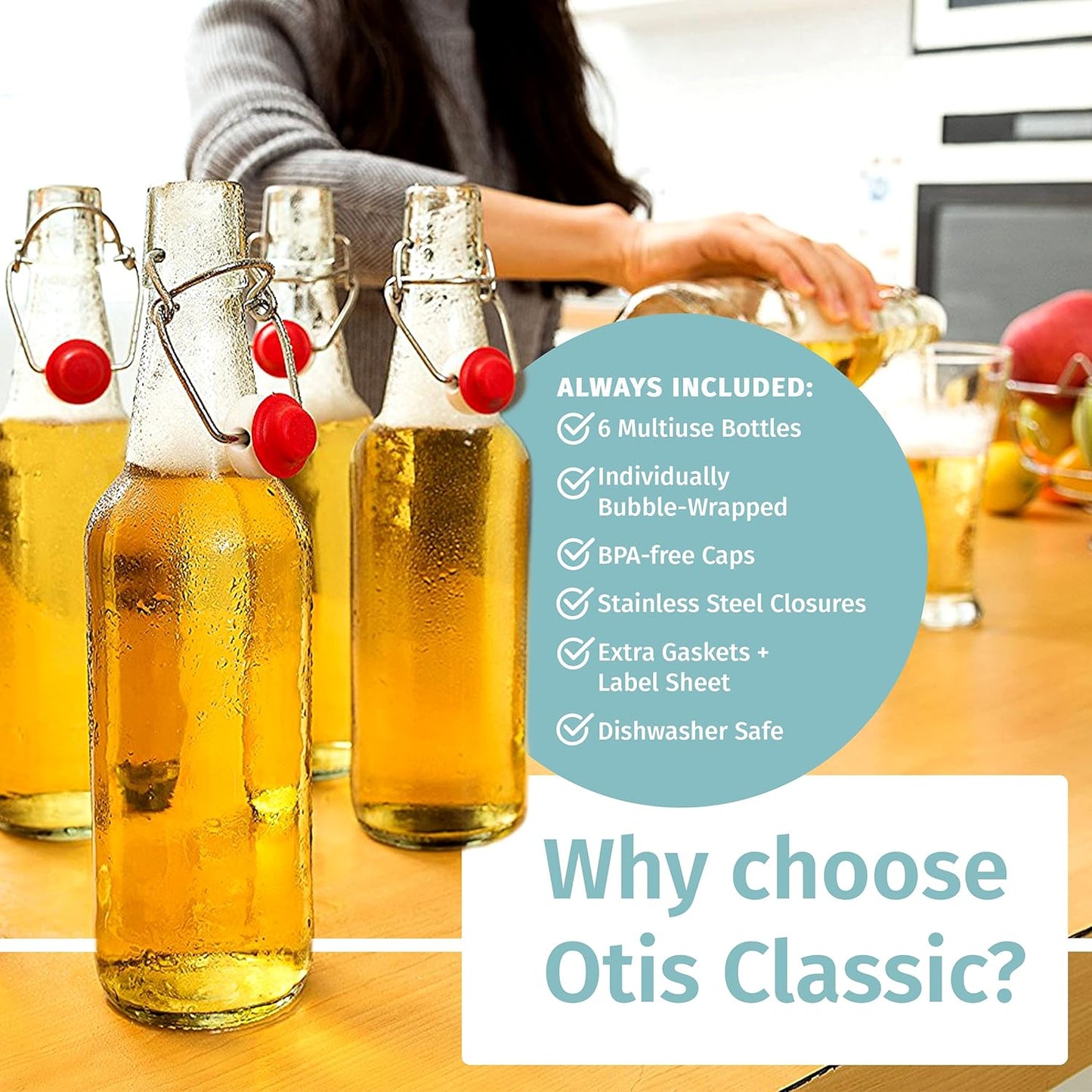 Otis Classic Glass Bottles with Caps - Set of 6 Clear Swing Top Glass Bottles w/Ceramic Lids for Storing Kombucha, Liquor, Syrup, Wine, Kefir & Beer - Bonus Marker & Labels Included, 16oz