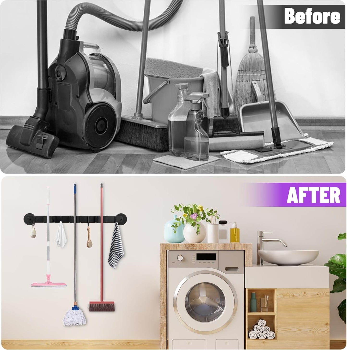 Magnetic Broom Holder Wall Mount - Heavy Duty Non-Slip Mop Hanger with 4 Hooks And 5 Rack, No Drill Tool Organizer for Refrigerator,Garage,Laundry Room (Black, 3Racks 4Hooks)