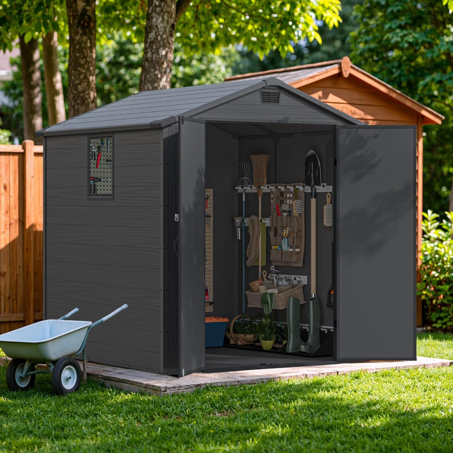 Devoko 6x6 FT Plastic Outdoor Storage Shed - Lockable Resin Tool Shed with Window & Floor - Easy Assembly for Garden, Backyard, Dark Gray