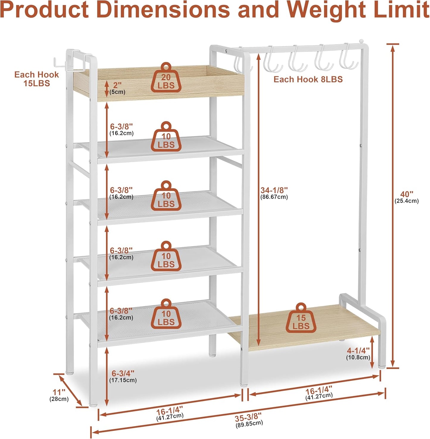2-in-1 Shoe Rack for Closet with Purse Organizer, 5 Tier Shoes Shelf with Wooden Tray and Removable Shelves, Storage Organizer for Entryway, Garage, Hold Boots, Backpacks, White
