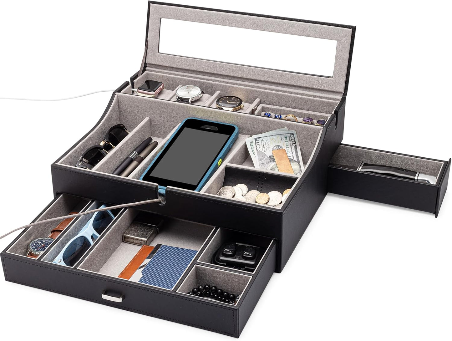 Mens Valet Box Organizer, Large Leather Valet Tray for Men, Mens Valet Tray Organizer with Charging Station, Mens Jewelry Box Organizer for EDC Valet Mens Accessories, Nightstand Bedside Dresser Top