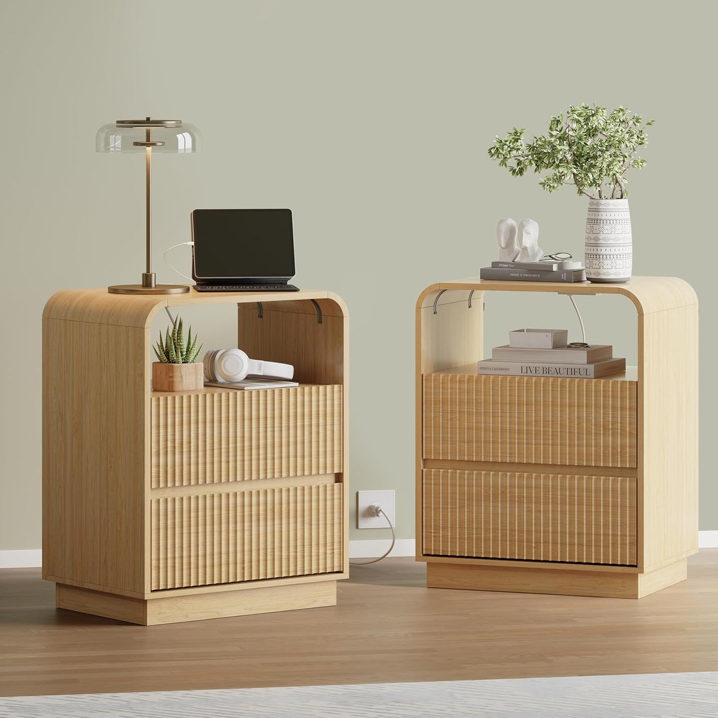 Natural Oak Nightstand with Charging Station, Mid Century Modern Bedside Table & End Table, Fluted Wood Small Night Stand with 2 Hidden Drawers and Storage Shelf for Bedroom