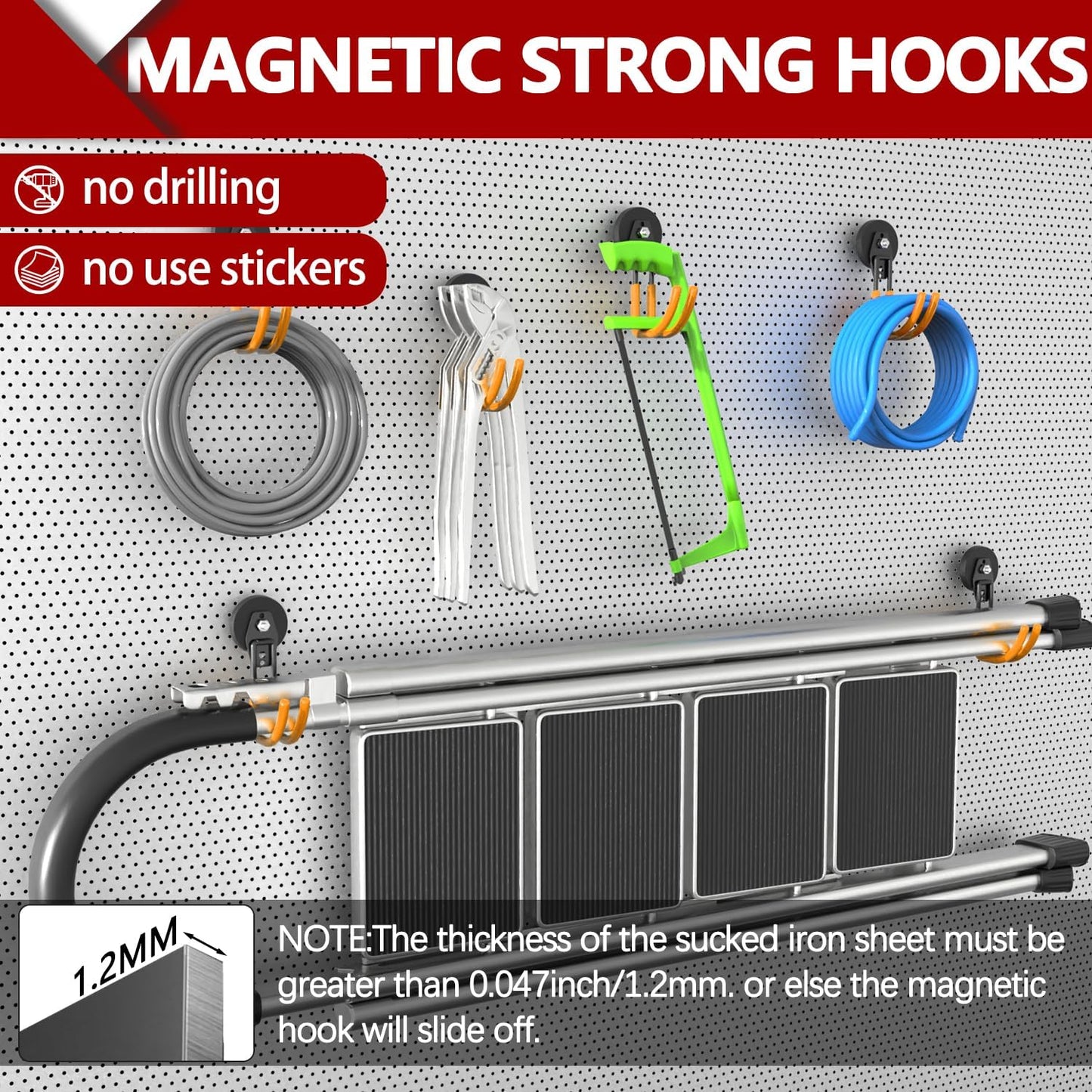 3-H Heavy Duty Magnet Garage Hooks 2 Pack, J Shape Strong Magnetic Hooks for Hanging Cordless Power Drill, Utility Magnetic Tool Holder for Metal Cabinet, Steel Pegboard, Toolbox, Garage(Orange)