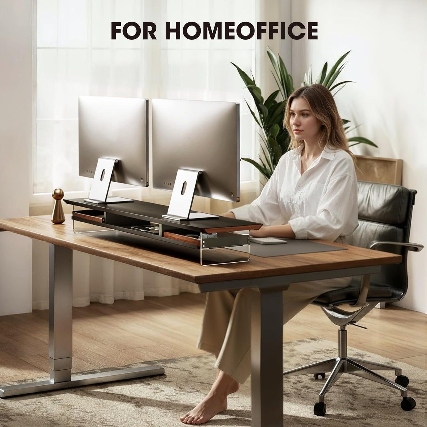 Fenge Dual Monitor Stand with Drawer, 42.5 Inch Large Monitor Riser with Acrylic Legs Supports, Computer Stand for Desk, 2 Tier Wood Desk Shelf with Storage Organizer for PC, Laptop, Printer, TV