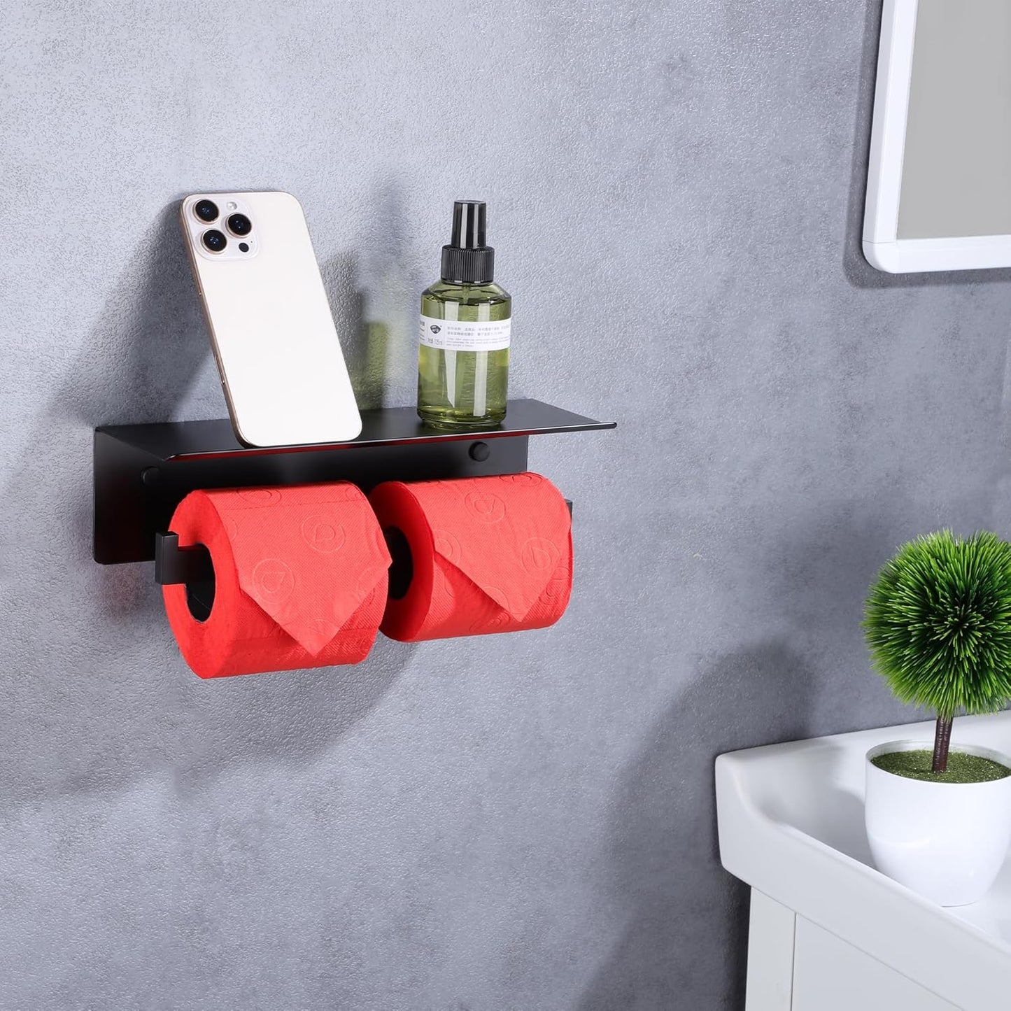 LANC Double Toilet Paper Holder with Shelf, Matte Black Commercial Roll Tissue Dispenser with Phone Shelf for Bathroom Wall Mounted or 3M Self-Adhesive Stainless Steel Storage, A8377MB