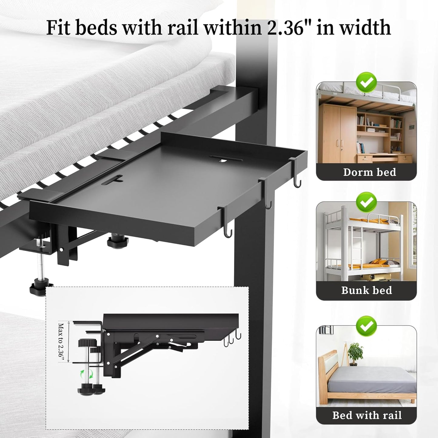 Foldable Bedside Shelf, Metal Clip-On Bed Tray Table for Bunk Bed & Dorm Beds, Dorm Room Essentials Organizer for College Students, Floating Tray, Space Saving Nightstand for Loft Beds (Black, Large)