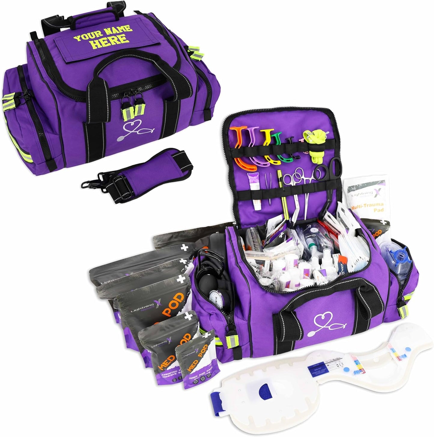 Lightning X Custom Embroidered Trauma Kit & Large EMT Bag w/ 250+ First Aid Supplies & Customized Name Patch | Purple
