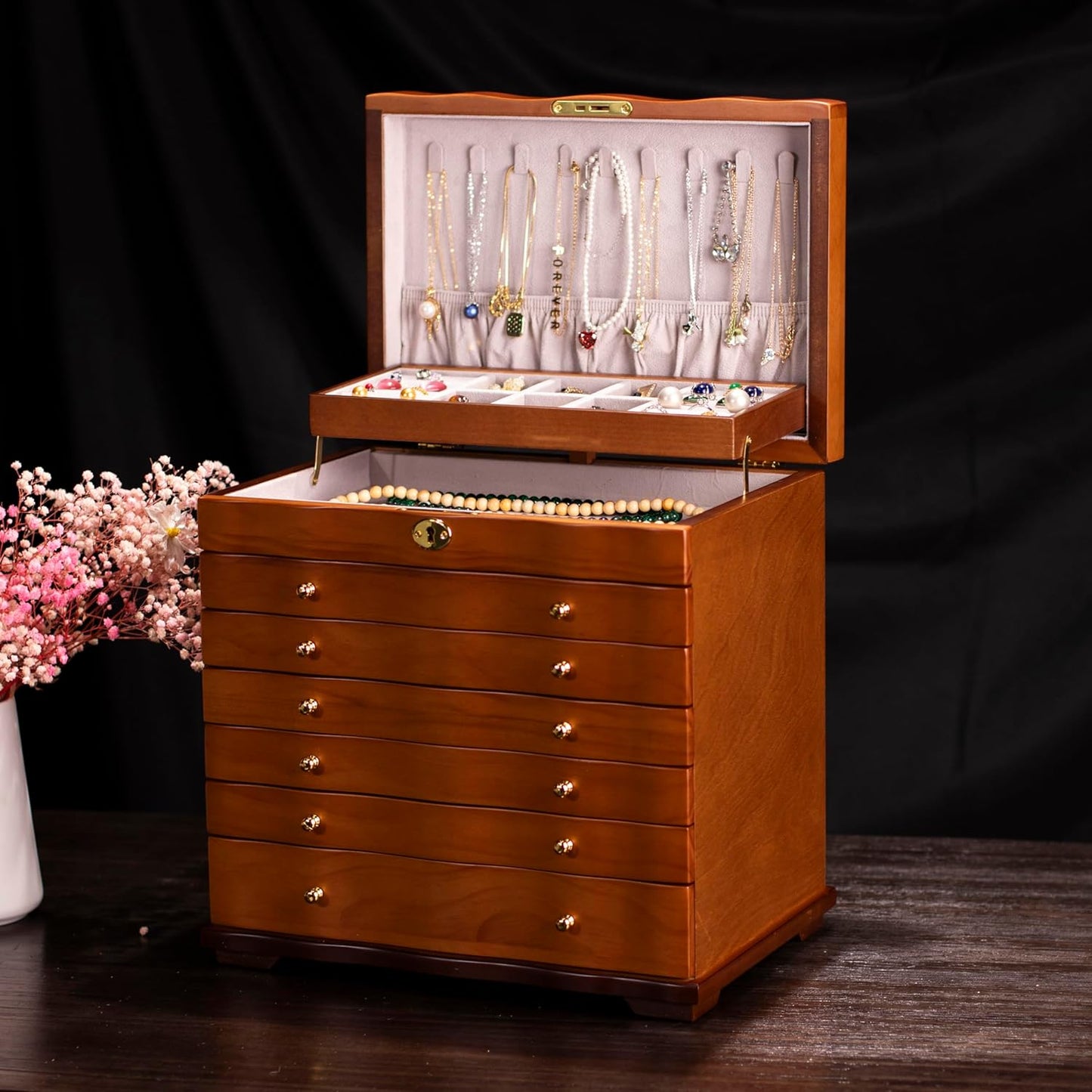 Wooden Jewelry Box,jewelry boxes for women large jewlrey box&organizers with necklace hanger,jewerly organizer,jewelry holder organizer,9-layer large capacity jewelry storage box