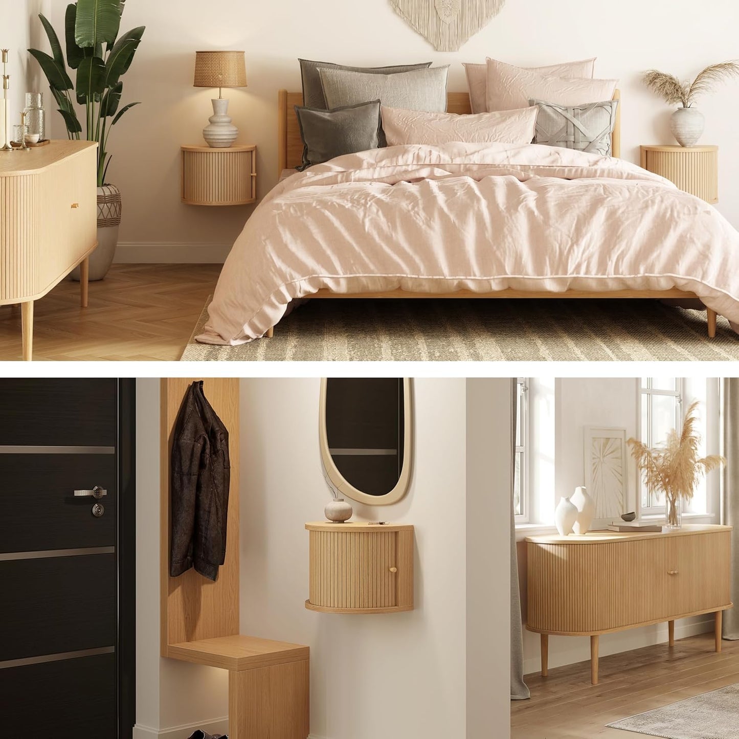 WERMO 16'' Floating Nightstand Shelf with a Sliding Door and Storage - Floating Bedside Shelf Wall Mount, Wall Mounted Wood Nightstand, Mid Century Modern Side Table (Oak)