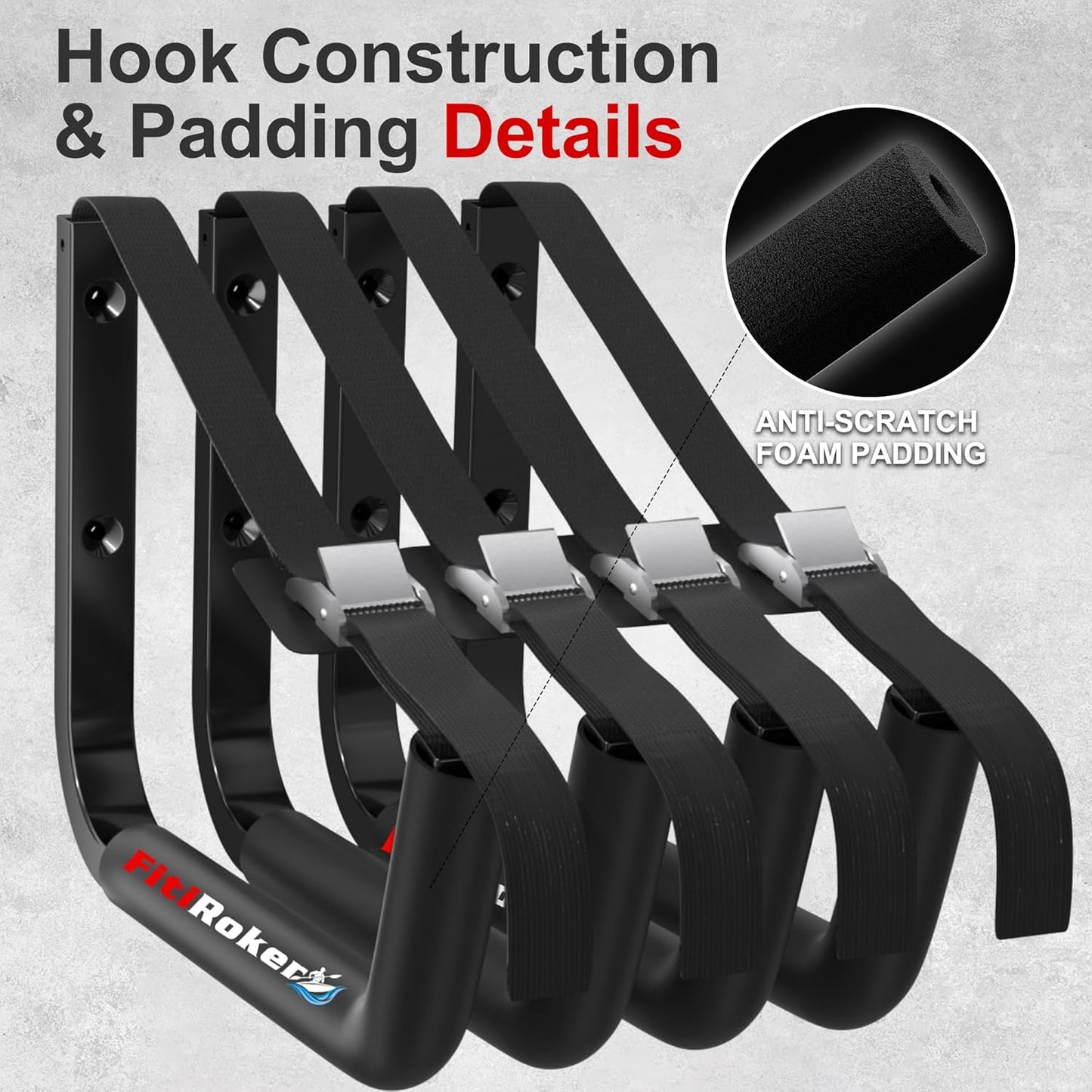 Kayak Storage Rack – 100LB Heavy Duty Kayak Wall Mount with Foam Padding & Straps | Kayak Rack for Garage, Wall Mounted Storage Hooks for Canoes, Paddle Boards, Ladders, Bikes (Square Tube)