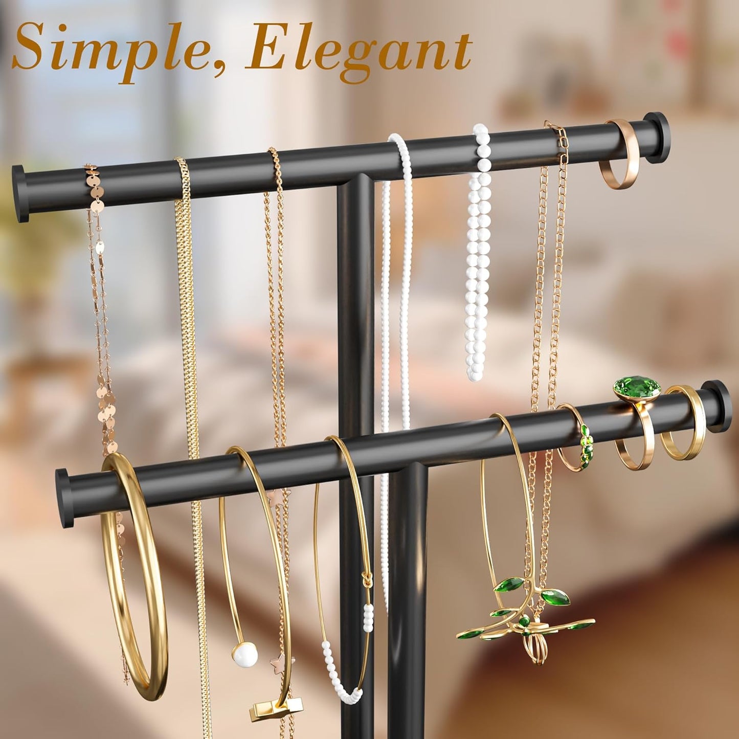 Necklace Rack Stand with Storage Tray - 2 Rods T-Shaped Jewelry Holder Stand for Bracelets, Earrings, Rings | Elegant Vanity & Dresser Top Storage for Women, Black.