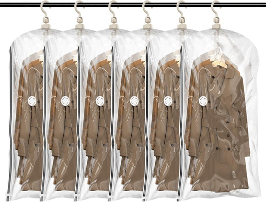 TAILI Hanging Vacuum Storage Bags, Space Saver Bags for Clothes, Coats, Suits and Jackets, Clear, 6 Pack Short, 31 x 15 x 40 inches