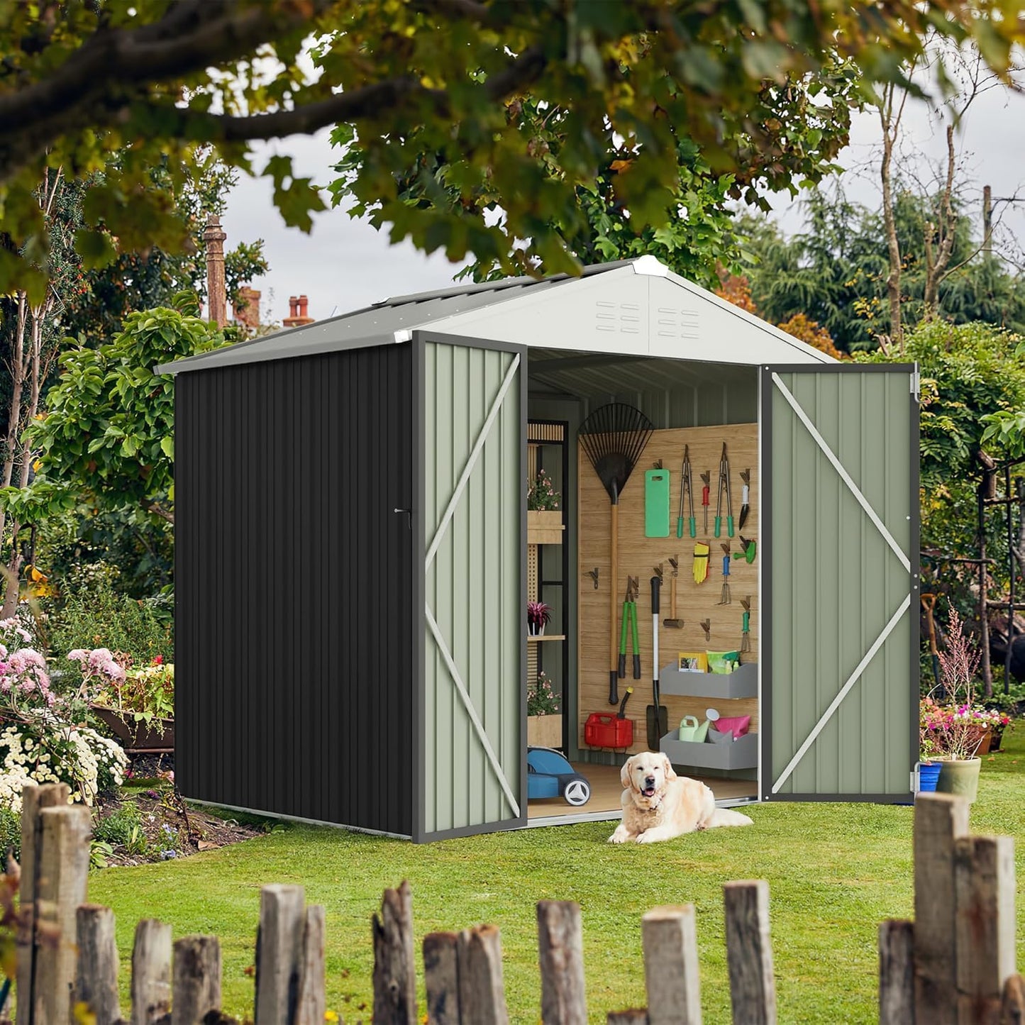Furniwell 6x8 FT Outdoor Storage Shed, Metal Garden Sheds Outdoor Storage House with Single Lockable Door for Backyard Patio Lawn, Gray