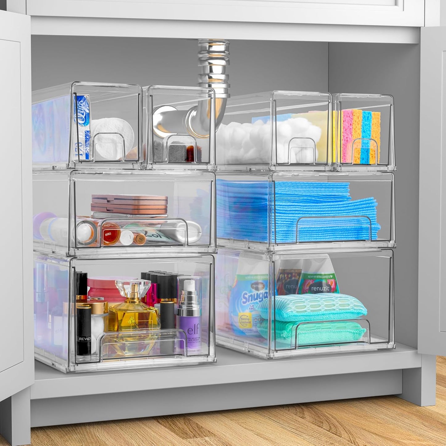 Sorbus 2 Medium & 4 Small Clear Stackable Storage Drawers – Plastic Organizer Bins with Handles – Stackable Pull-Out Storage Drawers for Closet, Pantry, Office, Bathroom, Craft, and Toy Organization