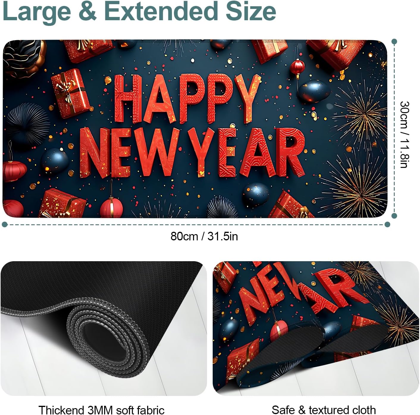 Happy New Year Gaming Mouse Pad 31.5"x11.8"Desk Mat Anti-Slip Rubber Base & Durable Stitched Edges for Gamers Smooth Mouse Writing Surface for Desk Office/Home