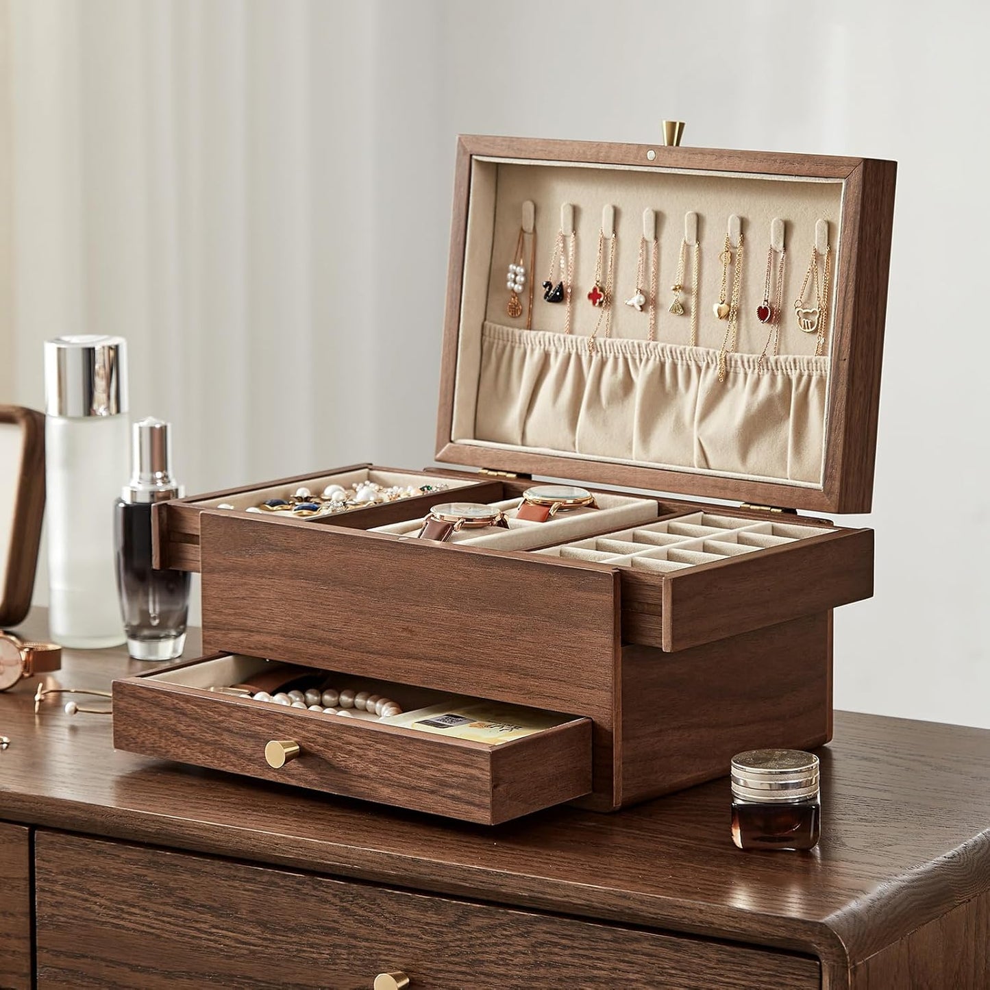 CHOSIN Black Walnut Wooden Jewelry Box for Women, 3 Level Multi-functional Drawer Organizer Box Watch Necklace Ring Earring Storage Christmas Gifts