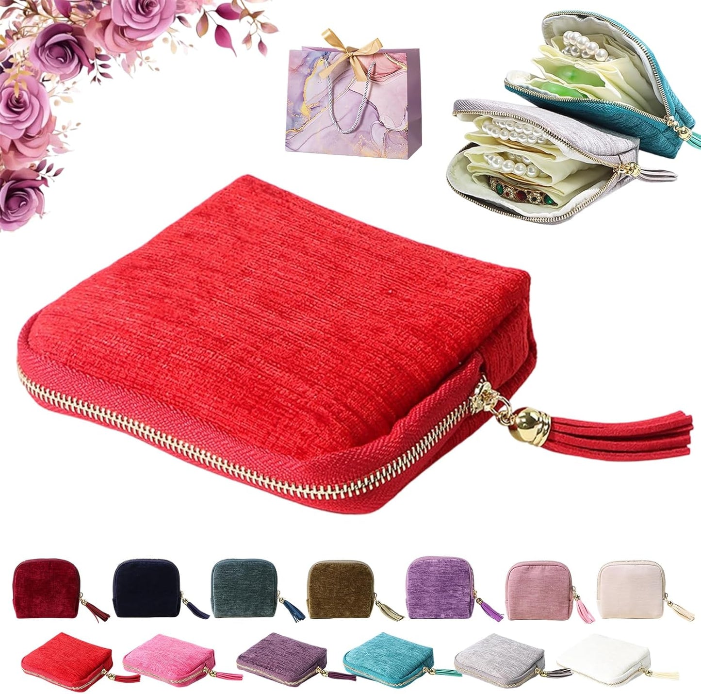 Travel Jewelry Case, Portable Jewelry Storage Bag, Compact Foldable Five Compartments Organizer Pouch with Zipper & Tassel for Earring Necklace Ring Bracelet (Red)