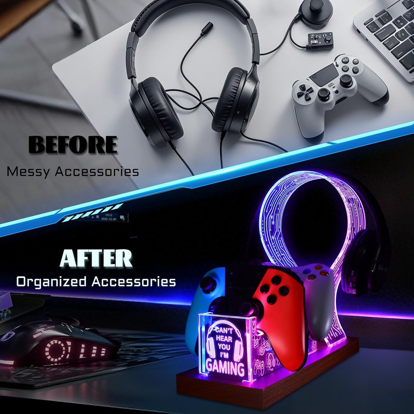 YuanDian Gamer Gifts for Teenage Boy, Can't Hear You I'm Gaming Headset and Controller Stand, Acrylic Wooden Controller Holder with Blue Pink LED Night Light, Desk Decor Gift
