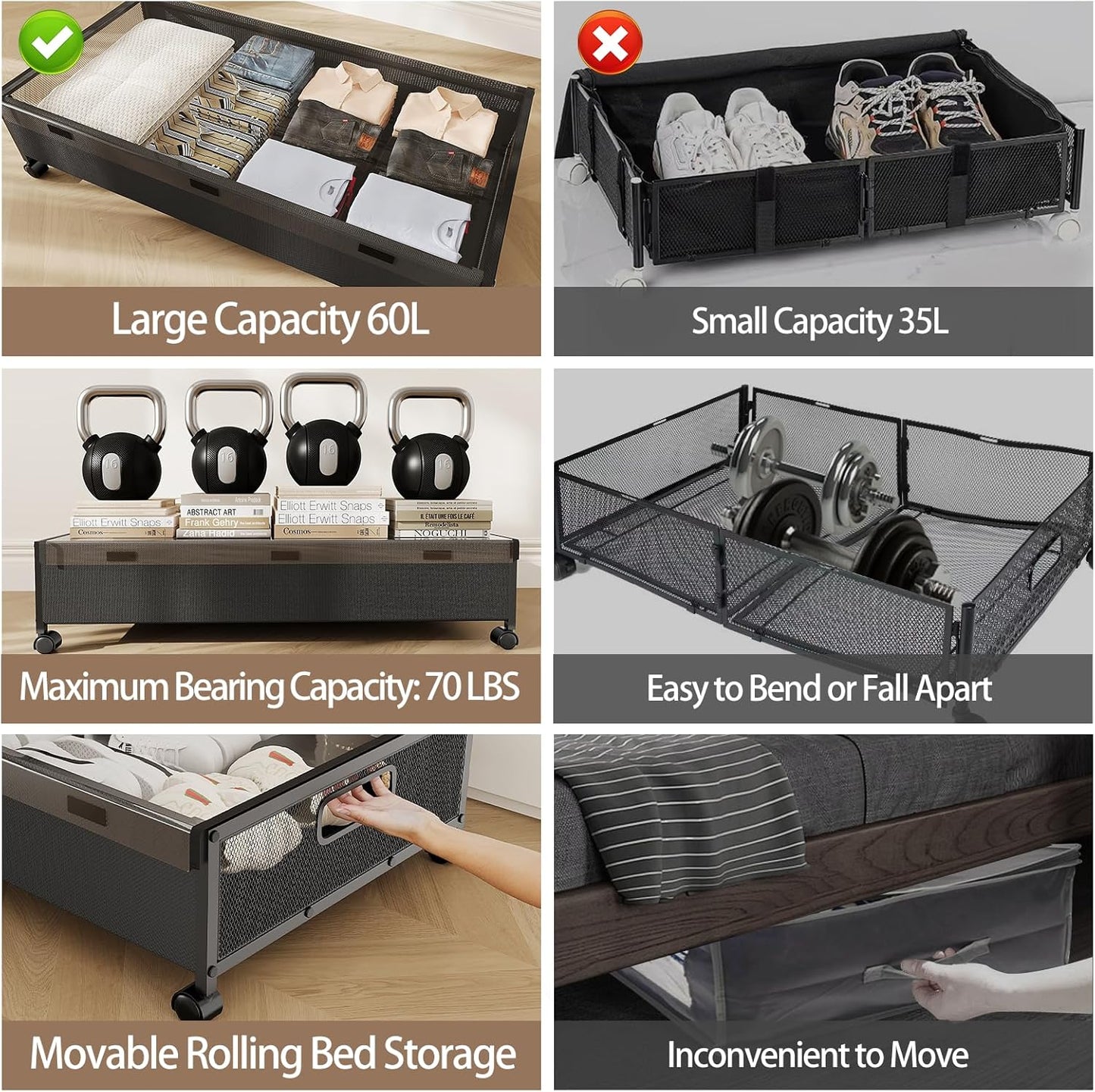KITHELP Under Bed Storage Containers with Wheels, Underbed Shoe Storage Organizer with Removable Lids, Large Rolling Under Bed Storage Dresser Drawers for Clothes Toys Shoes Blankets