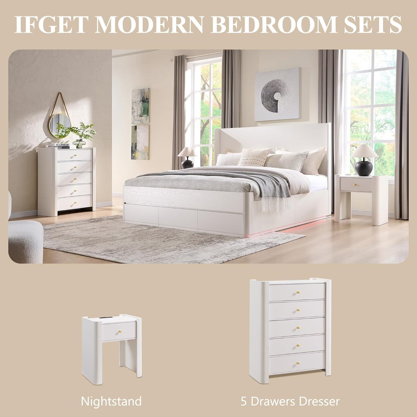 23.6" Tall Modern Nightstand with Charging Station, 22" Wide Curved Bedside Table with 1 Storage Drawer, Wooden Night Stand, Large End Table for Bedroom, Living Room, White