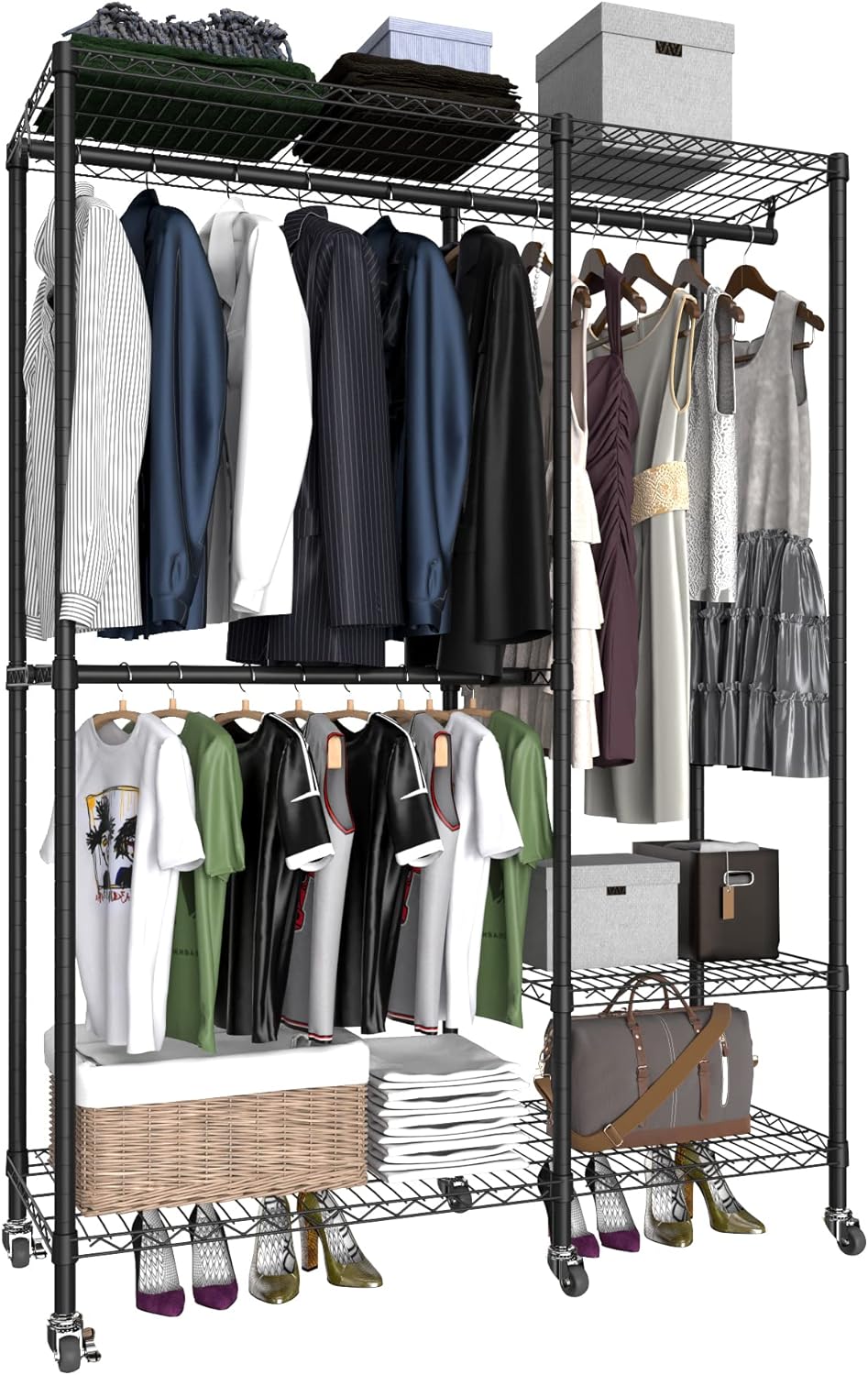 Portable Closets Heavy Duty Garment Rack Adjustable Rolling Clothes Rack with Lockable Wheels, Metal Wire Clothing Rack,Freestanding Open Wardrobe Closet Storage Rack,Max Load 600LBS, Black