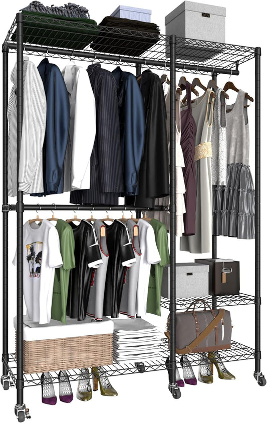Portable Closets Heavy Duty Garment Rack Adjustable Rolling Clothes Rack with Lockable Wheels, Metal Wire Clothing Rack,Freestanding Open Wardrobe Closet Storage Rack,Max Load 600LBS, Black