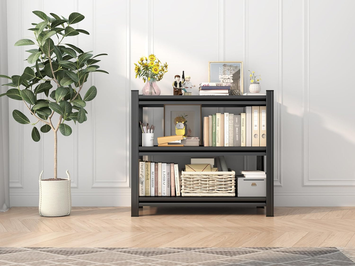 Storage Shelves, Garage Metal Shelving Unit, Adjustable, Double-Layer Column with Reinforced Ribs, Heavy-Duty, Capable of Bearing 600-3600 lbs (Black, 25''W*14''D*32''H, Tier)