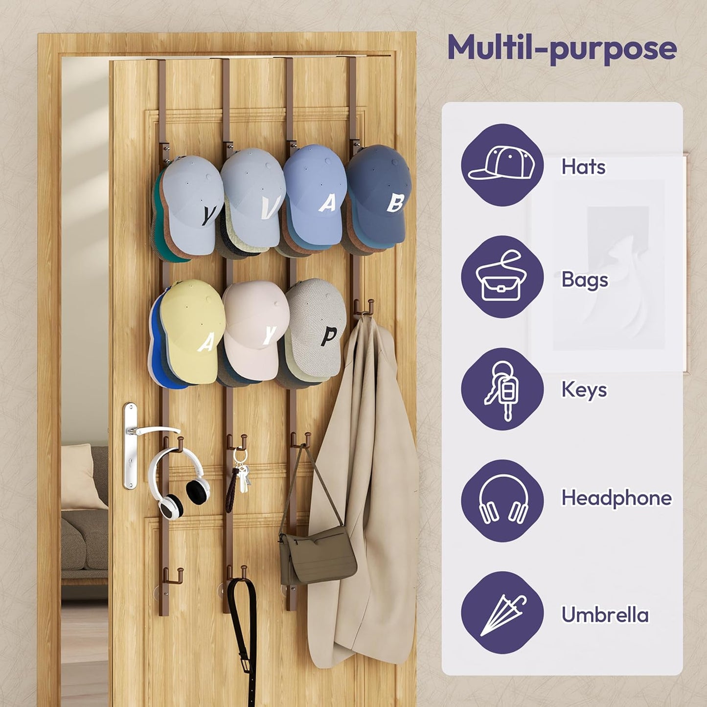 SWTYMIKI Over Door Hat Organizer - 4 Packs Metal Hanging Hat Rack with 16 Hooks Design, Baseball Cap Hanger Organizer Storage Holds up to 80 Caps for Door, Bedroom, Closet