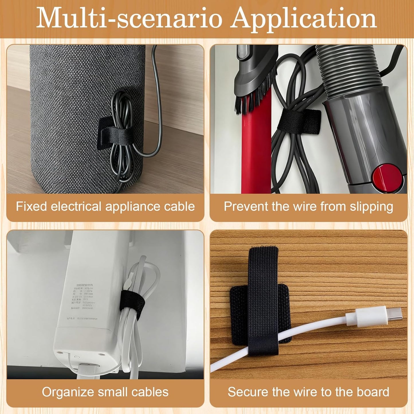 20pcs Hook and Loop Cable Ties, 3.55 Inch Self Adhesive Cable Management Straps for Desktop Network Wires, Adjustable Reusable Appliances Cord Organizer for Office Home Desk - Black