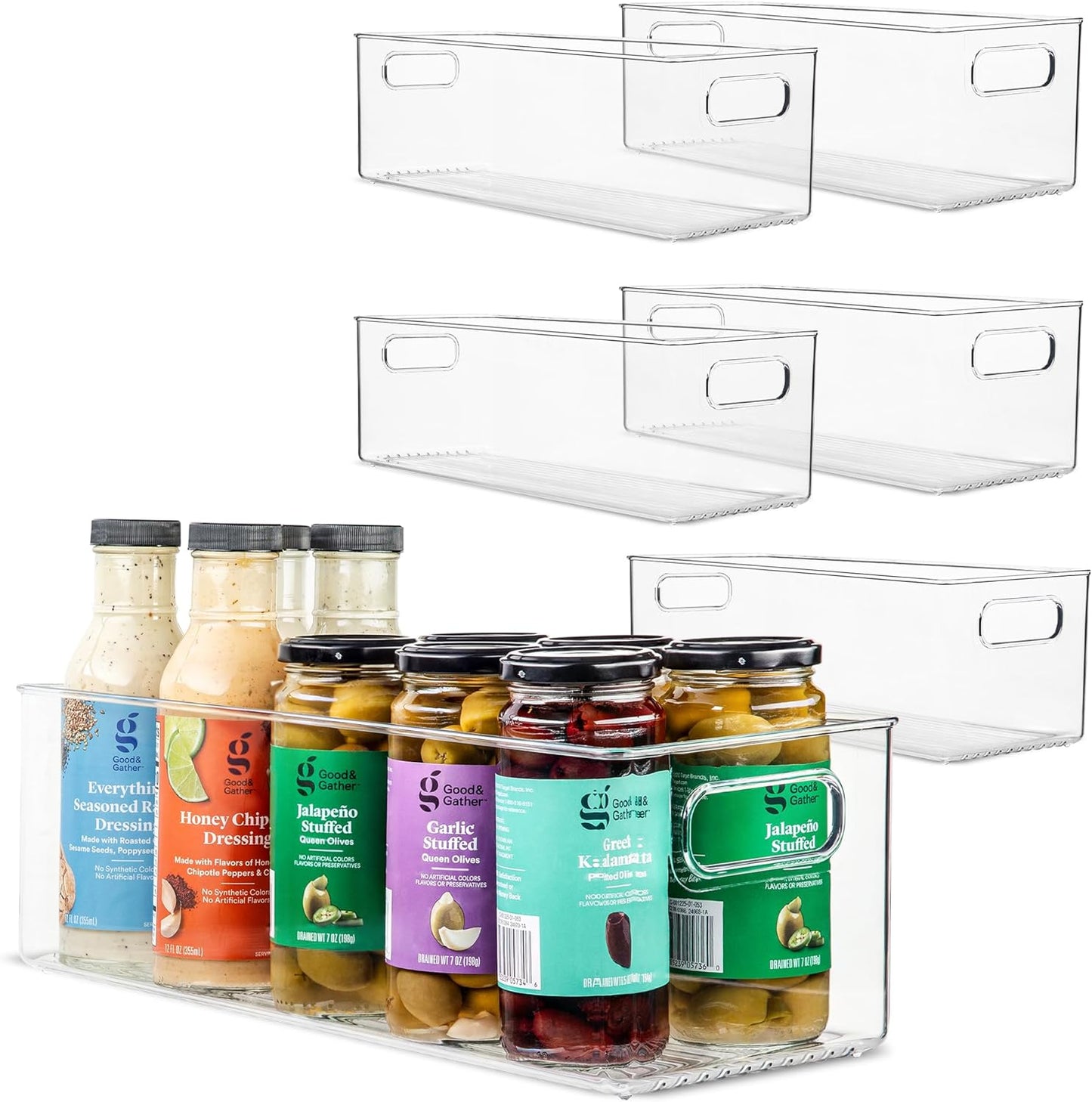primebox Plastic Food Storage 6 Pack Clear Container Bin with Handles for Organizing Kitchen, Pantry, Refrigerator, Freezer, Pantry, Cabinet, Closet, Bathroom. 16”x6”x5”