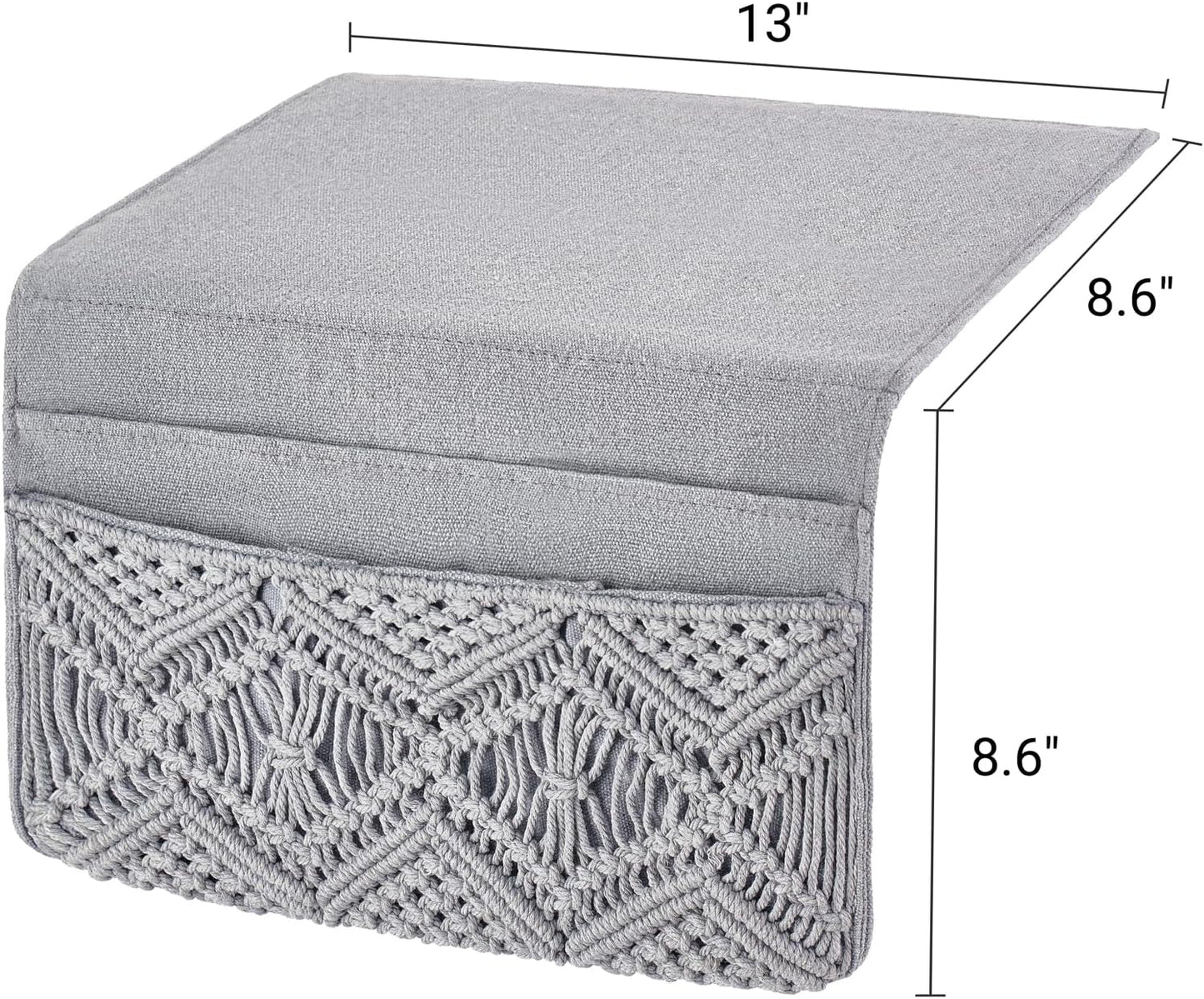 Mkono Macrame Bedside Caddy Storage Organizer Boho Remote Control Tablet Magazine Holder with 4 Pockets Non-slip Countertop Bedside Caddy for Home Bedroom Living Room College Dorm Bed, Grey